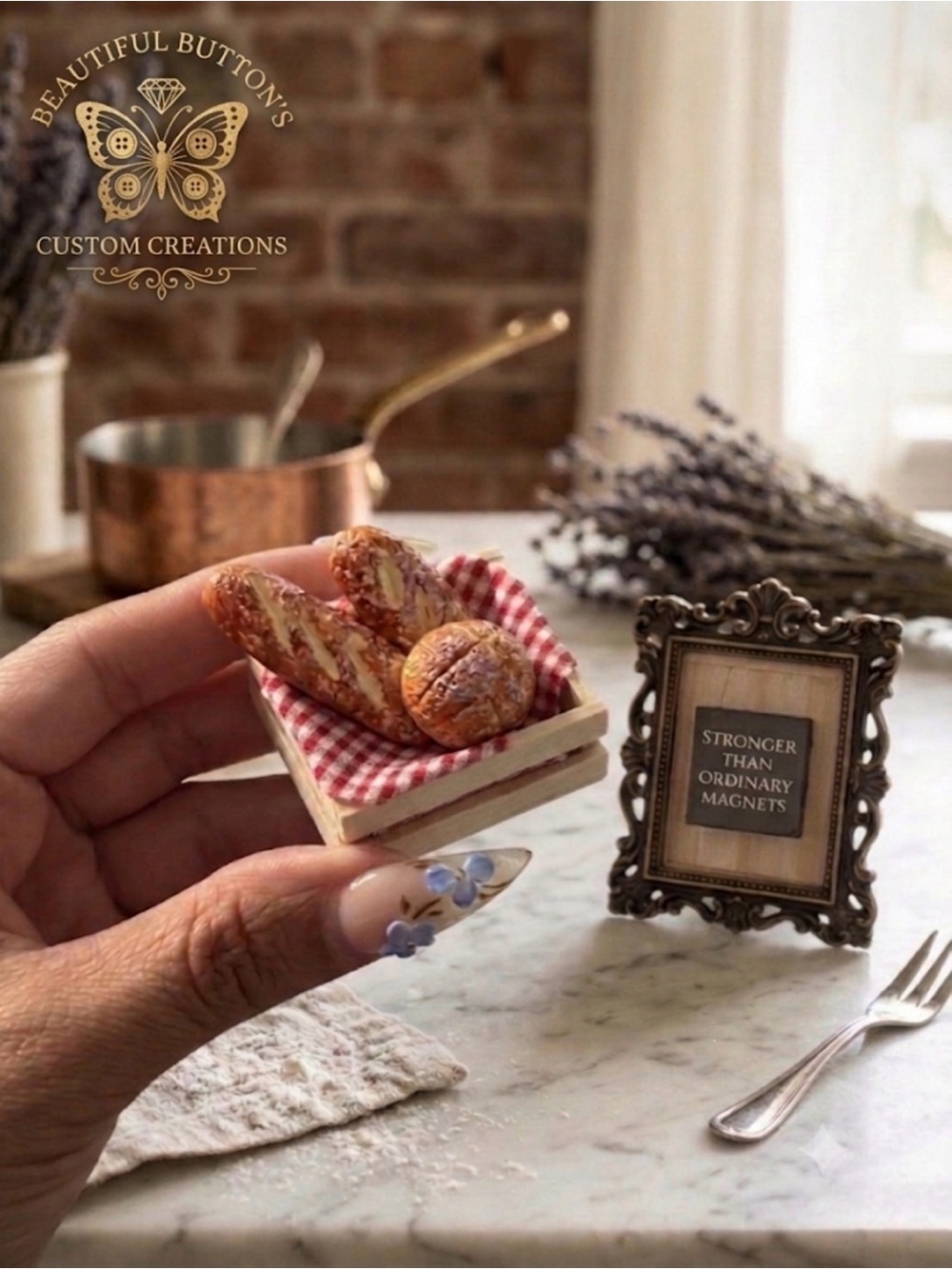 Miniature Bread Basket Magnet with Red Gingham Liner